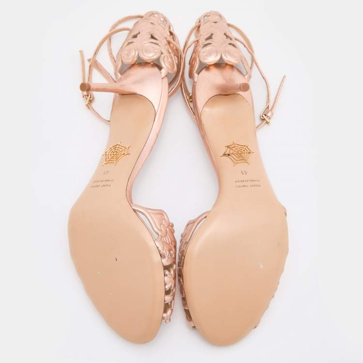 Pre Owned Charlotte Olympia Rose Gold Leather Ankle Strap Sandals Size 41