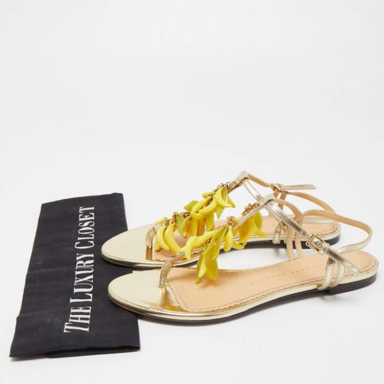 Pre Owned Charlotte Olympia Gold Leather Embellished Ankle Strap Flat Sandals Size 36