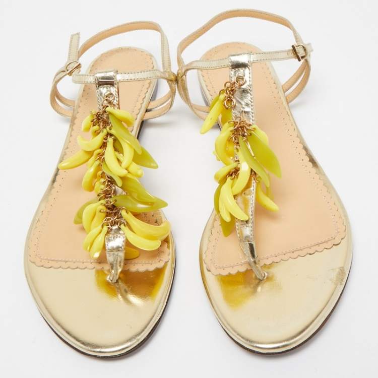 Pre Owned Charlotte Olympia Gold Leather Embellished Ankle Strap Flat Sandals Size 36