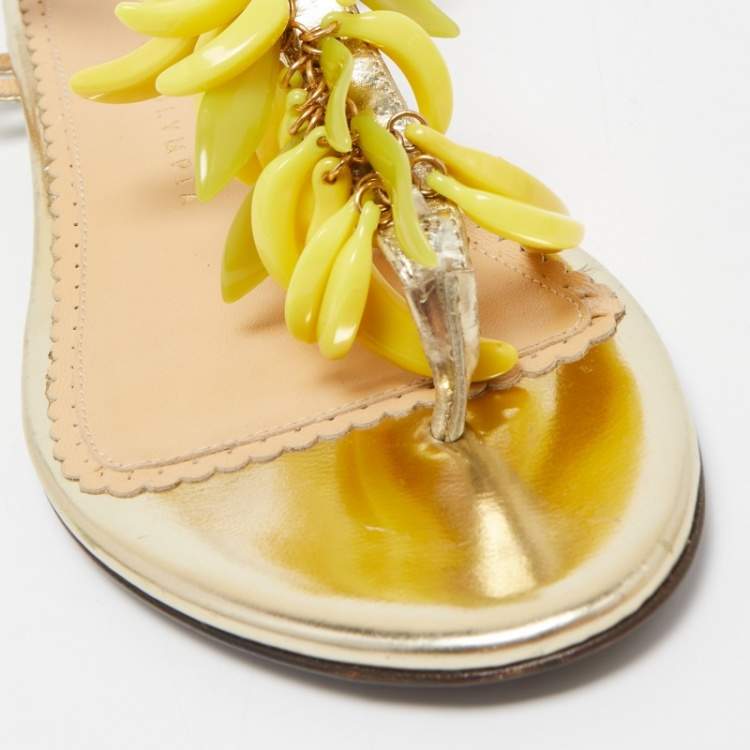 Pre Owned Charlotte Olympia Gold Leather Embellished Ankle Strap Flat Sandals Size 36