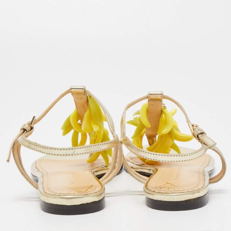 Pre Owned Charlotte Olympia Gold Leather Embellished Ankle Strap Flat Sandals Size 36