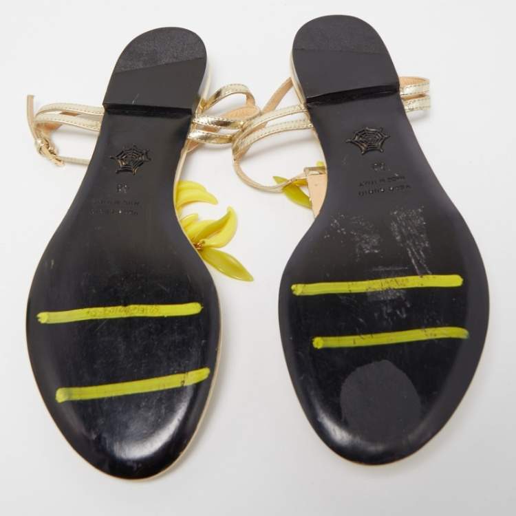 Pre Owned Charlotte Olympia Gold Leather Embellished Ankle Strap Flat Sandals Size 36