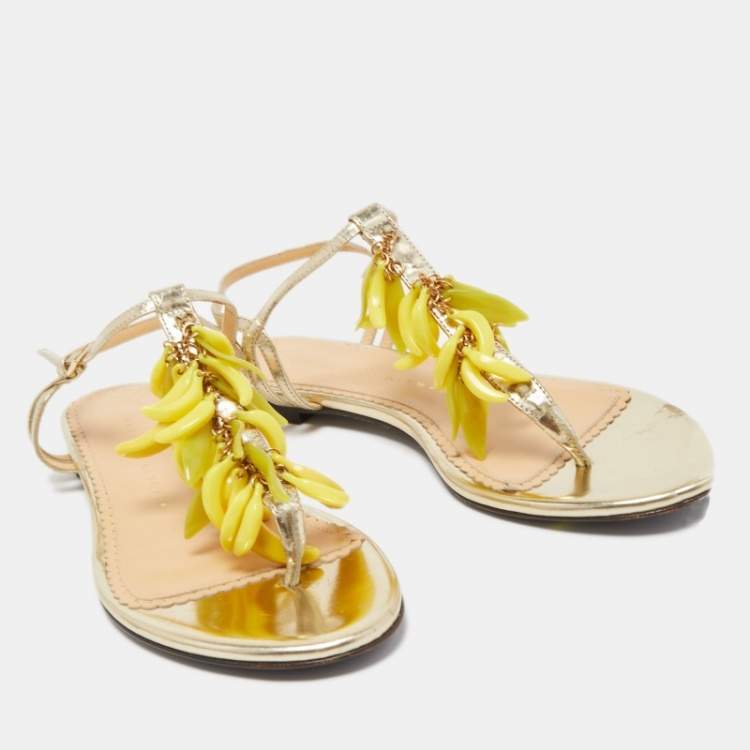 Pre Owned Charlotte Olympia Gold Leather Embellished Ankle Strap Flat Sandals Size 36