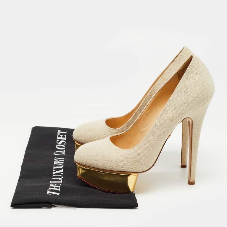 Pre Owned Charlotte Olympia Grey Canvas Dolly Platform Pumps Size 38