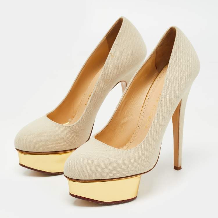 Pre Owned Charlotte Olympia Grey Canvas Dolly Platform Pumps Size 38