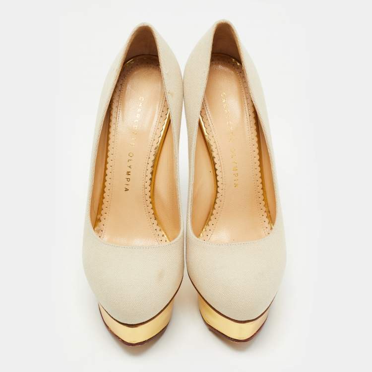 Pre Owned Charlotte Olympia Grey Canvas Dolly Platform Pumps Size 38