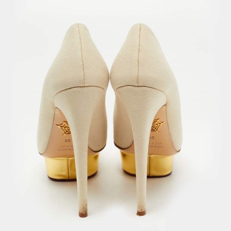 Pre Owned Charlotte Olympia Grey Canvas Dolly Platform Pumps Size 38