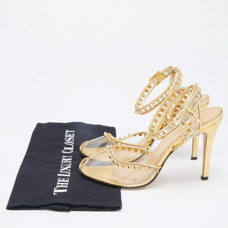 مملوكة مسبقًا Charlotte Olympia Gold Studded PVC and Leather Soho Peep Toe Sandals Size 38