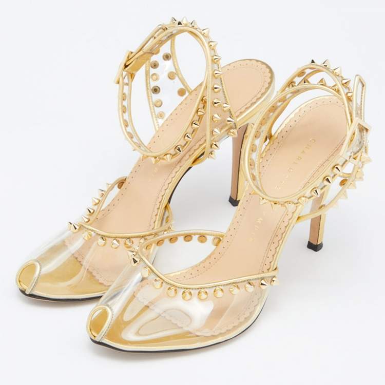 مملوكة مسبقًا Charlotte Olympia Gold Studded PVC and Leather Soho Peep Toe Sandals Size 38