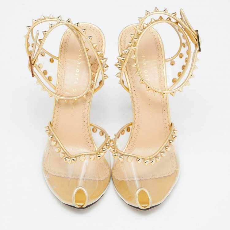 مملوكة مسبقًا Charlotte Olympia Gold Studded PVC and Leather Soho Peep Toe Sandals Size 38