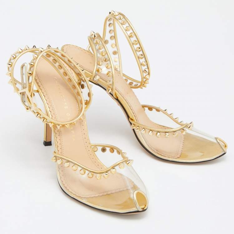 مملوكة مسبقًا Charlotte Olympia Gold Studded PVC and Leather Soho Peep Toe Sandals Size 38