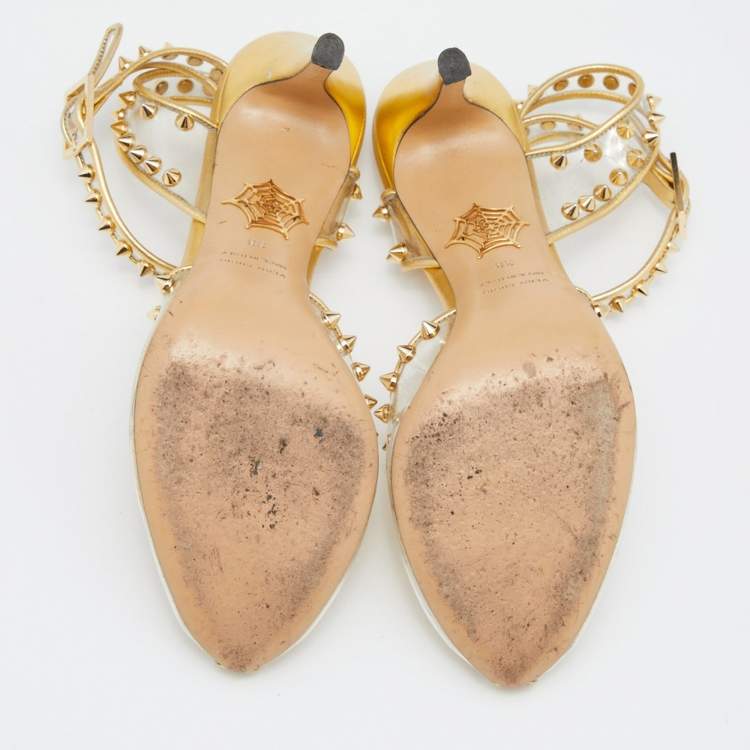 مملوكة مسبقًا Charlotte Olympia Gold Studded PVC and Leather Soho Peep Toe Sandals Size 38