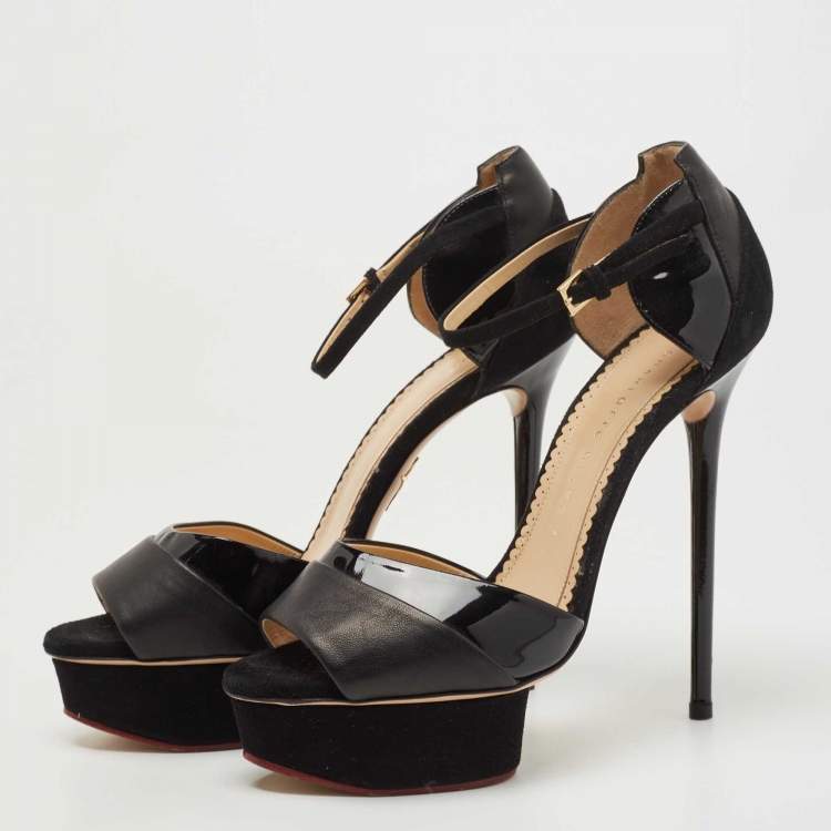 Pre Owned Charlotte Olympia Black Suede And Patent Leather Open Toe Platform Ankle Strap Pumps Size 38