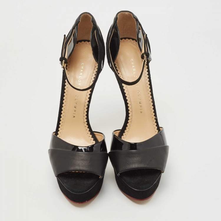 Pre Owned Charlotte Olympia Black Suede And Patent Leather Open Toe Platform Ankle Strap Pumps Size 38