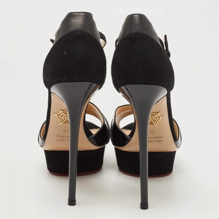 Pre Owned Charlotte Olympia Black Suede And Patent Leather Open Toe Platform Ankle Strap Pumps Size 38