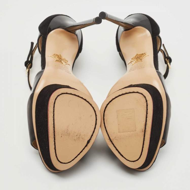 Pre Owned Charlotte Olympia Black Suede And Patent Leather Open Toe Platform Ankle Strap Pumps Size 38