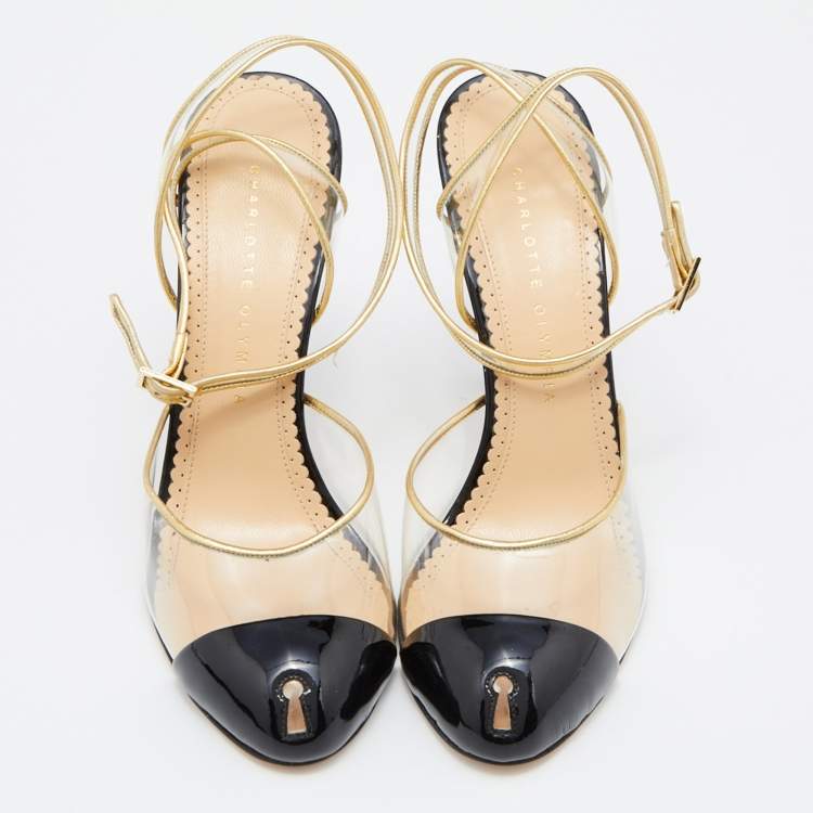 Pre Owned Charlotte Olympia Gold/Black Patent Leather and PVC Enigma Key Sandals Size 39