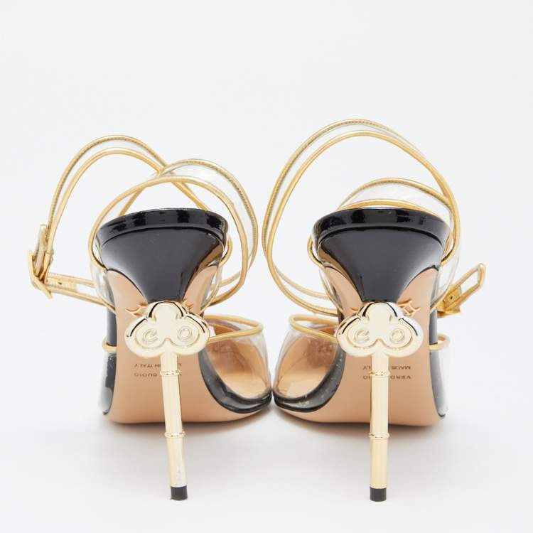 Pre Owned Charlotte Olympia Gold/Black Patent Leather and PVC Enigma Key Sandals Size 39