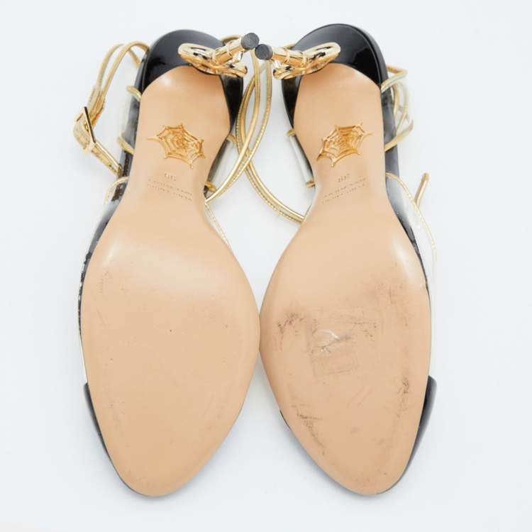 Pre Owned Charlotte Olympia Gold/Black Patent Leather and PVC Enigma Key Sandals Size 39