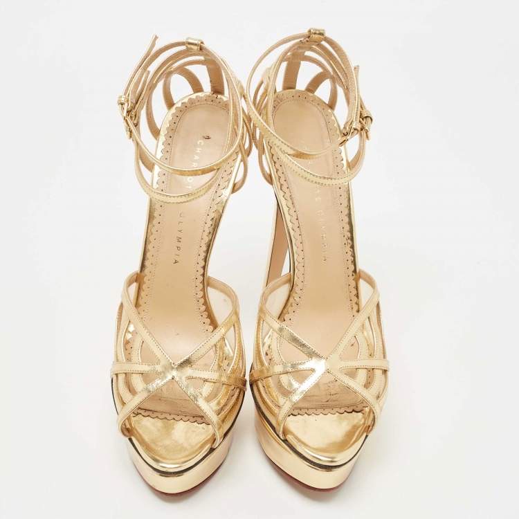 Pre Owned Charlotte Olympia Gold Leather and Mesh Platform Ankle Strap Sandals Size 41