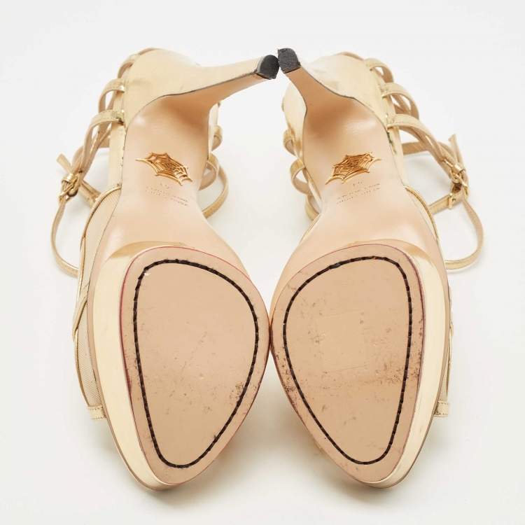 Pre Owned Charlotte Olympia Gold Leather and Mesh Platform Ankle Strap Sandals Size 41