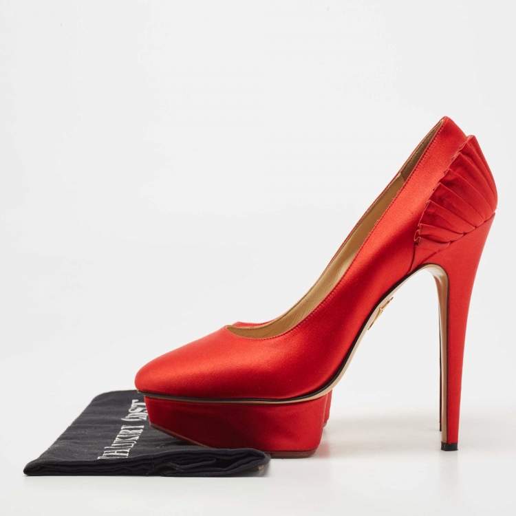 Pre Owned Charlotte Olympia Red Satin Paloma Fan Pleat Platform Pumps Size 40