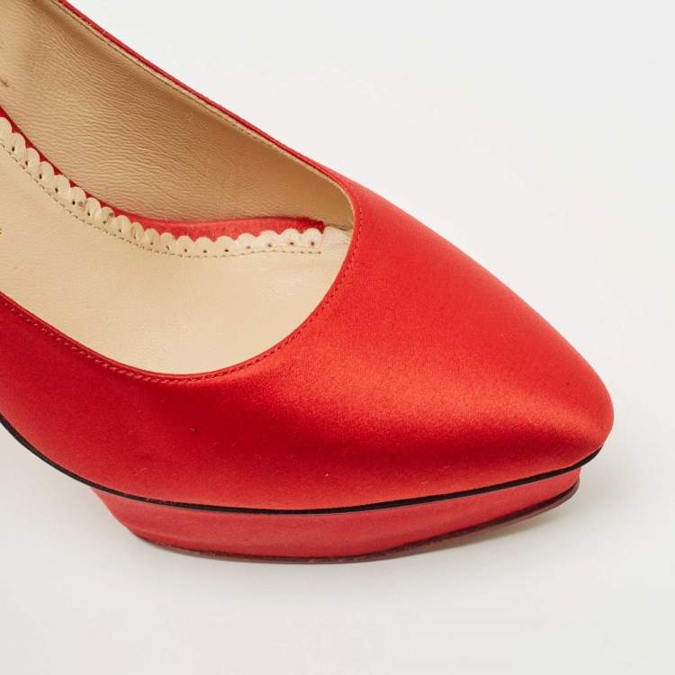 Pre Owned Charlotte Olympia Red Satin Paloma Fan Pleat Platform Pumps Size 40