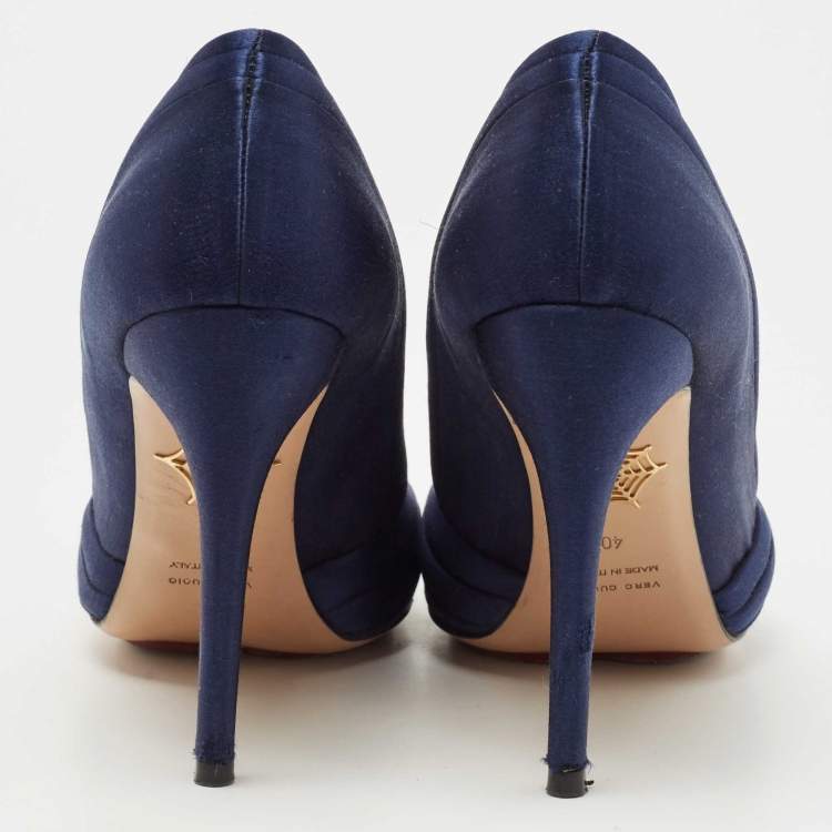Pre Owned Charlotte Olympia Navy Blue Satin Debonaire Platform Pumps Size 40