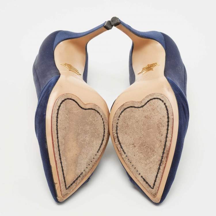 Pre Owned Charlotte Olympia Navy Blue Satin Debonaire Platform Pumps Size 40