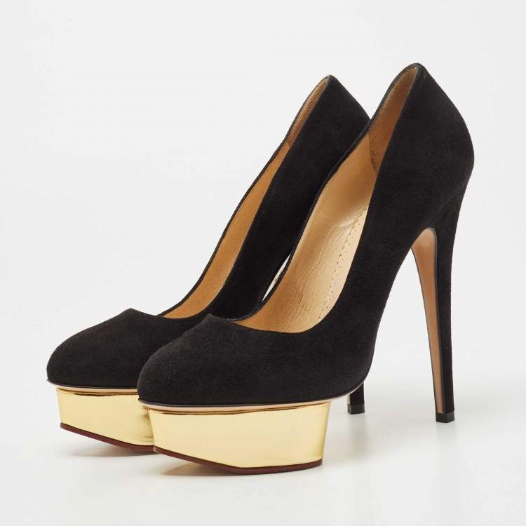 Pre Owned Charlotte Olympia Black Suede Dolly Platform Pumps Size 38