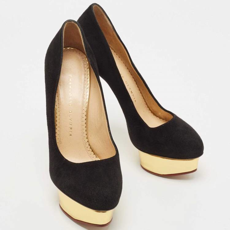 Pre Owned Charlotte Olympia Black Suede Dolly Platform Pumps Size 38