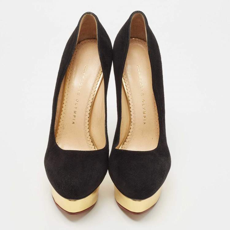 Pre Owned Charlotte Olympia Black Suede Dolly Platform Pumps Size 38