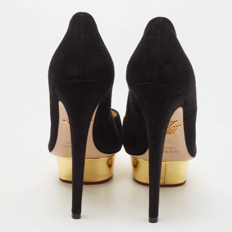 Pre Owned Charlotte Olympia Black Suede Dolly Platform Pumps Size 38