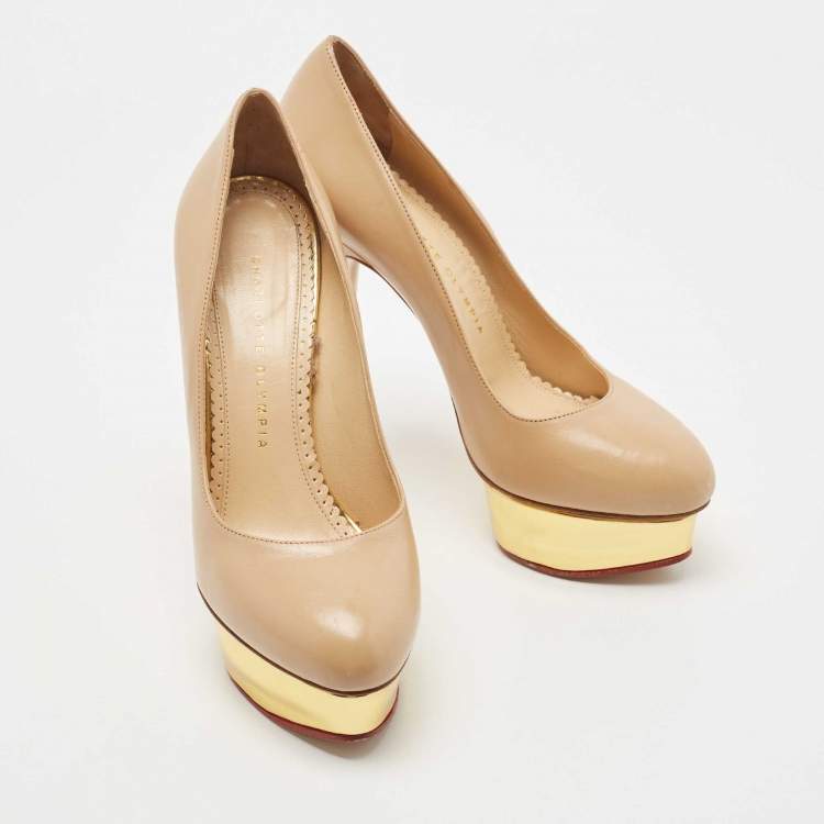 مملوكة مسبقًا Charlotte Olympia Beige Leather Dolly Platform Pumps Size 38.5