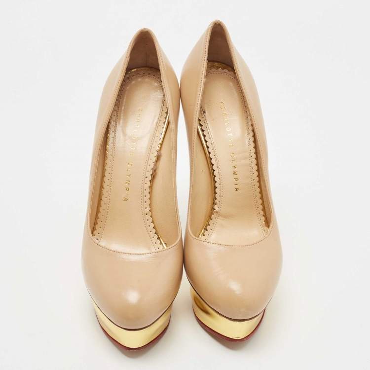 مملوكة مسبقًا Charlotte Olympia Beige Leather Dolly Platform Pumps Size 38.5