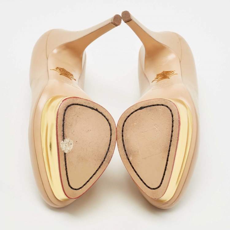 مملوكة مسبقًا Charlotte Olympia Beige Leather Dolly Platform Pumps Size 38.5