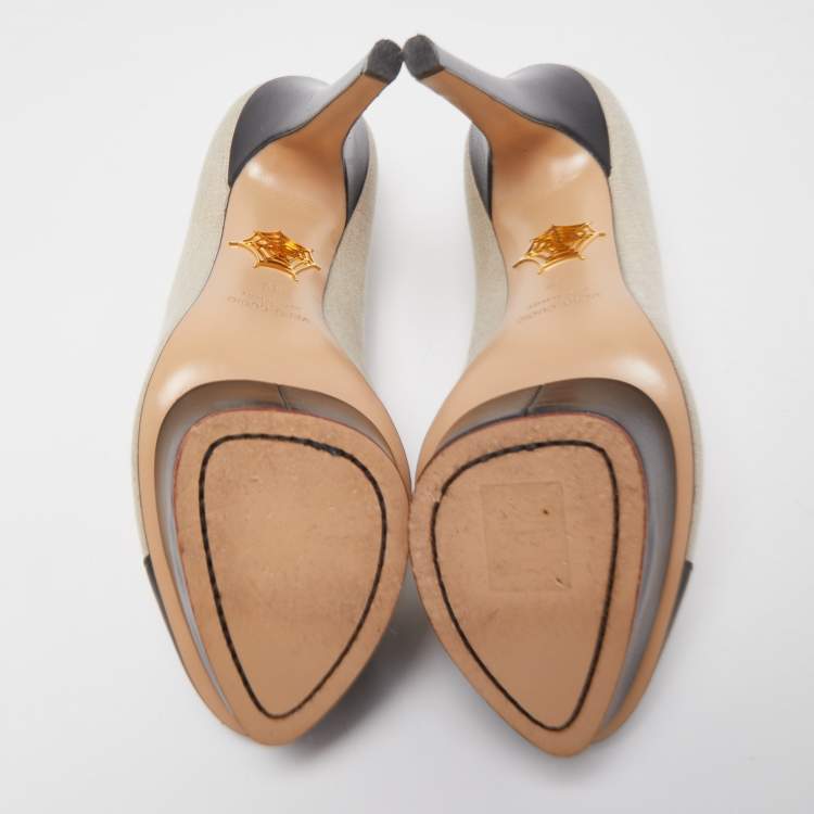 Pre Owned Charlotte Olympia Black/Beige Canvas and Leather Dolly Platform Pumps Size 39