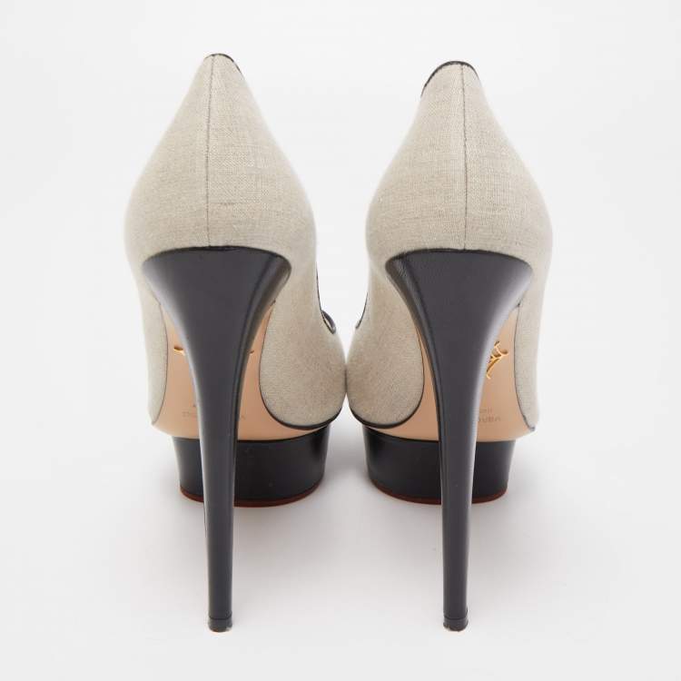 Pre Owned Charlotte Olympia Black/Beige Canvas and Leather Dolly Platform Pumps Size 39