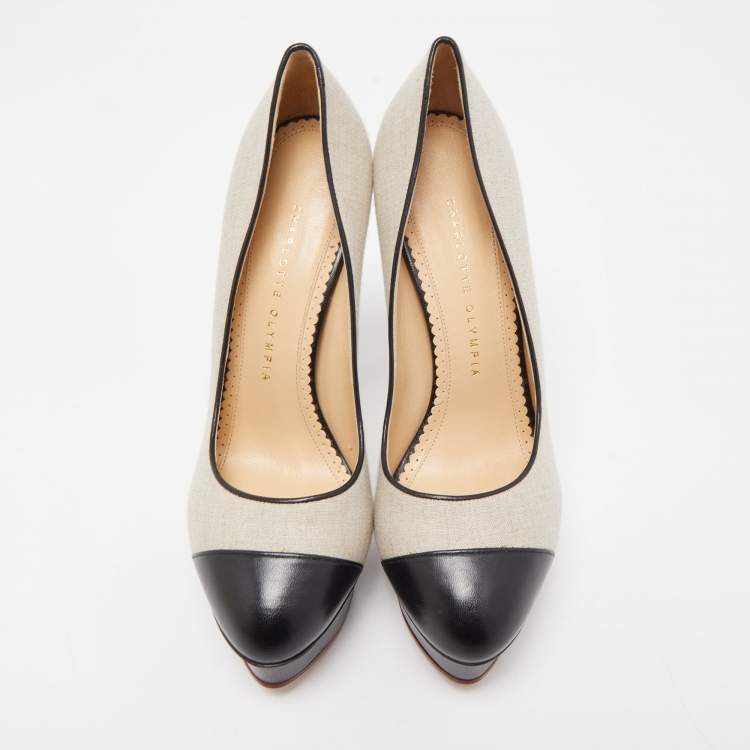 Pre Owned Charlotte Olympia Black/Beige Canvas and Leather Dolly Platform Pumps Size 39