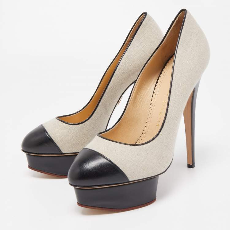 Pre Owned Charlotte Olympia Black/Beige Canvas and Leather Dolly Platform Pumps Size 39