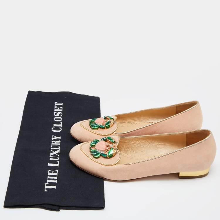 Pre Owned Charlotte Olympia Peach/Gold Suede Cancer Smoking Slippers Size 36