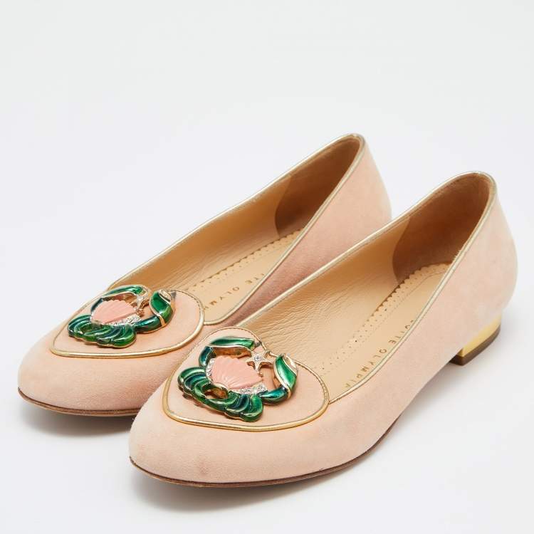 Pre Owned Charlotte Olympia Peach/Gold Suede Cancer Smoking Slippers Size 36