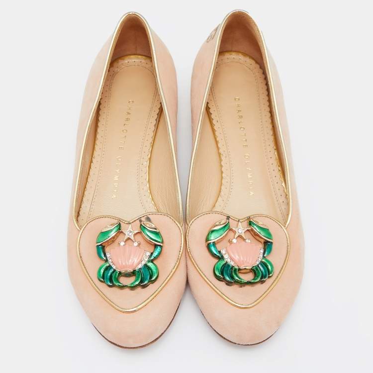 Pre Owned Charlotte Olympia Peach/Gold Suede Cancer Smoking Slippers Size 36