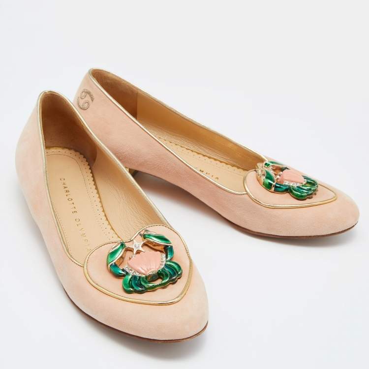 Pre Owned Charlotte Olympia Peach/Gold Suede Cancer Smoking Slippers Size 36