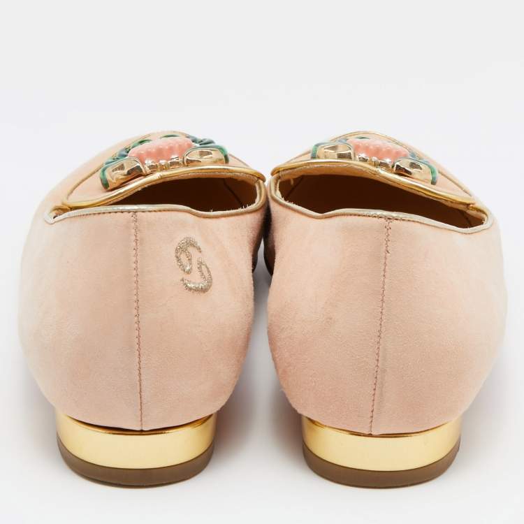 Pre Owned Charlotte Olympia Peach/Gold Suede Cancer Smoking Slippers Size 36