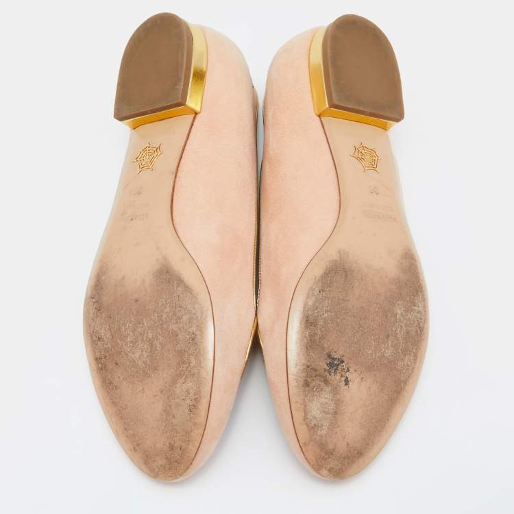 Pre Owned Charlotte Olympia Peach/Gold Suede Cancer Smoking Slippers Size 36