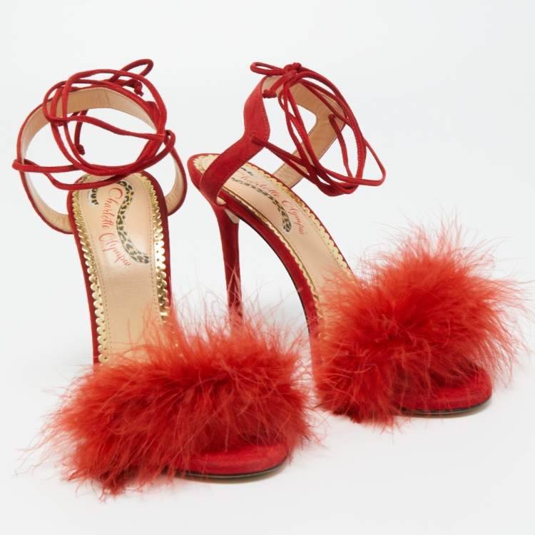 Pre Owned Charlotte Olympia Red Suede and Fur Salsa Ankle Wrap Sandals Size 38.5