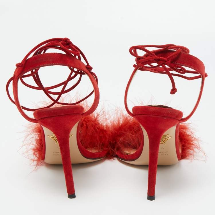 Pre Owned Charlotte Olympia Red Suede and Fur Salsa Ankle Wrap Sandals Size 38.5