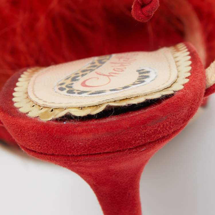 Pre Owned Charlotte Olympia Red Suede and Fur Salsa Ankle Wrap Sandals Size 38.5