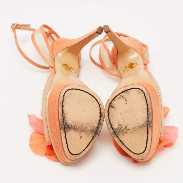 Pre Owned Charlotte Olympia Pink Canvas And Mesh Flower Platform Sandals Size 40